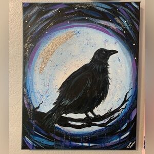 Original Raven Canvas Art with Blue and Purple Accents and Glitter